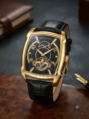 Aokulasic Men's Mechanical Watch Black Leather Strap.