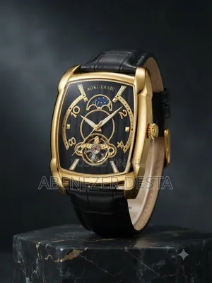 Aokulasic Men's Mechanical Watch Black Leather Strap.