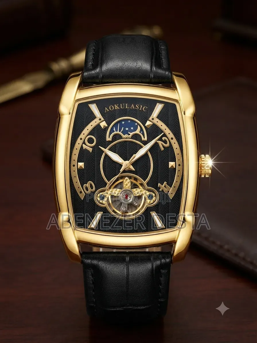 Aokulasic Men's Mechanical Watch Black Leather Strap.