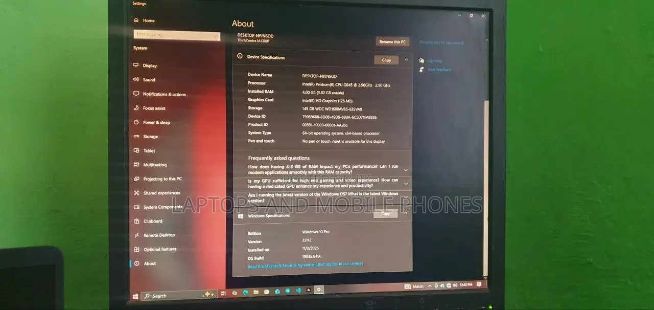 Desktop Computer Lenovo ThinkCentre 22 4GB Intel Pentium HDD 160GB