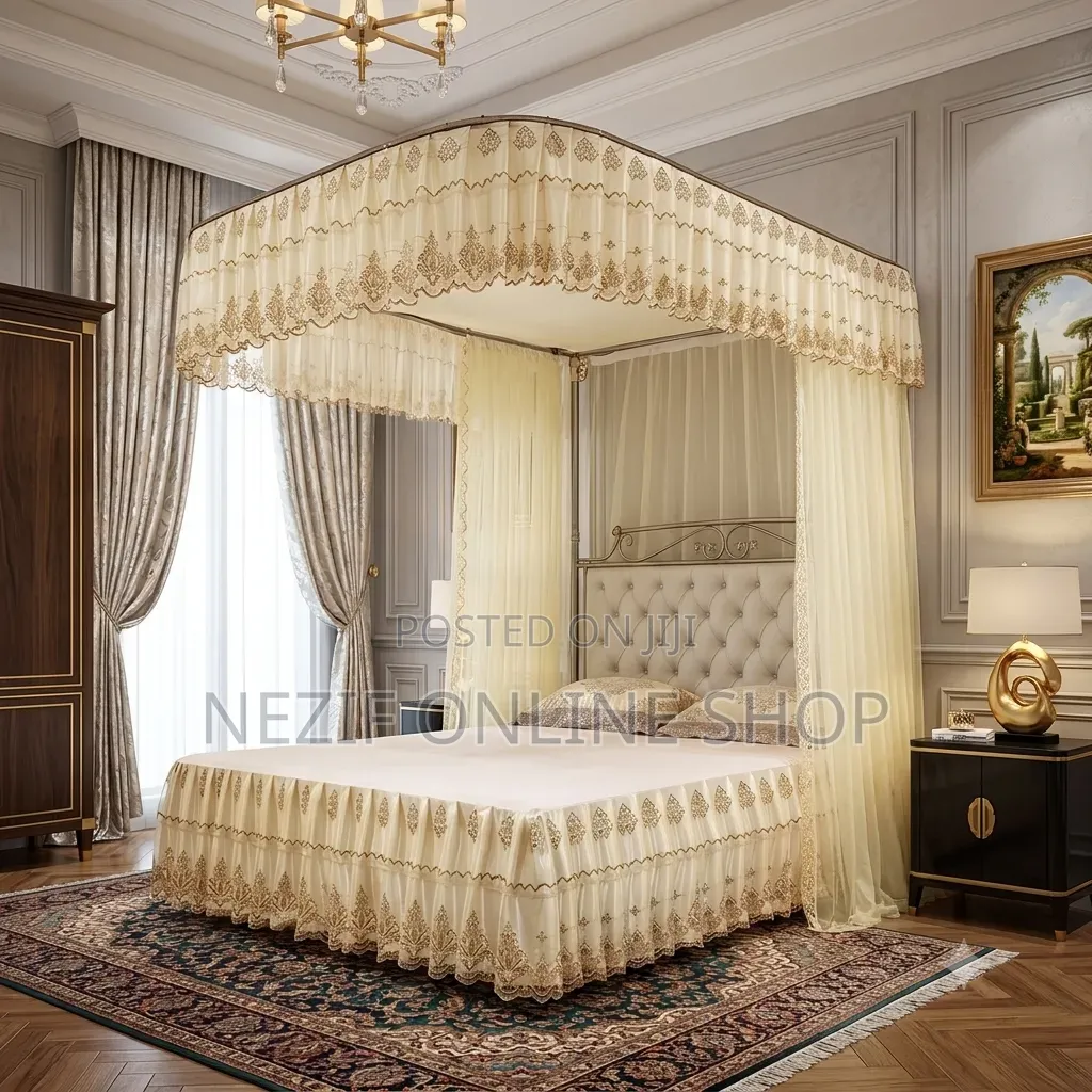 Luxurious Canopy Bed Setup With a Purple Mosquito Net Ensemble: