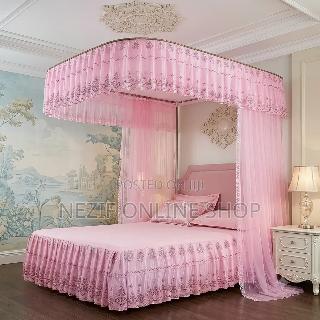 Luxurious Canopy Bed Setup With a Purple Mosquito Net Ensemble:
