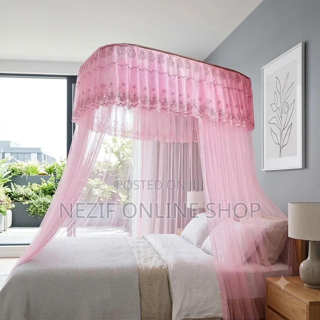 Luxurious Canopy Bed Setup With a Purple Mosquito Net Ensemble: