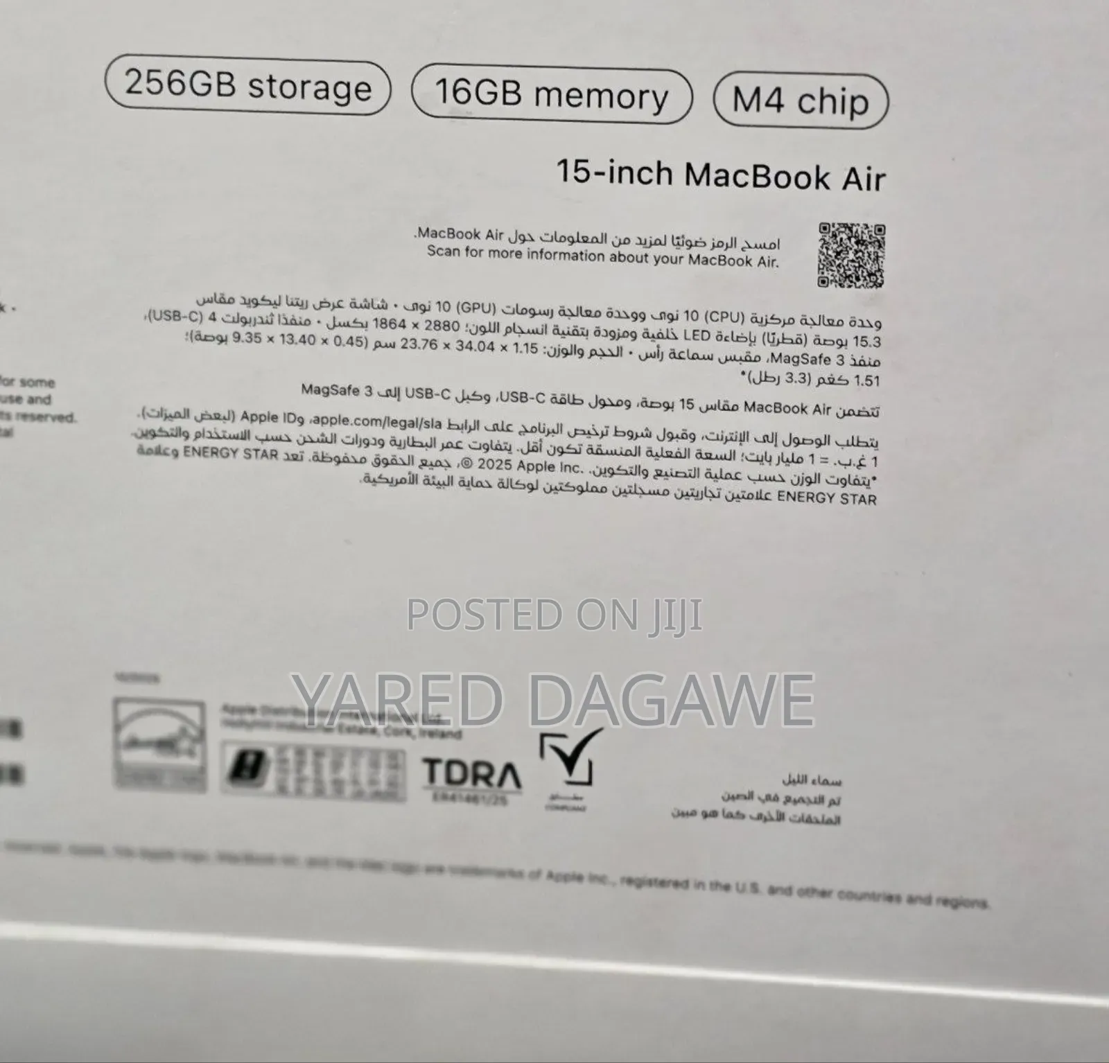 New Laptop Apple MacBook Air 2025 M4 16GB Apple M4 SSD 256GB