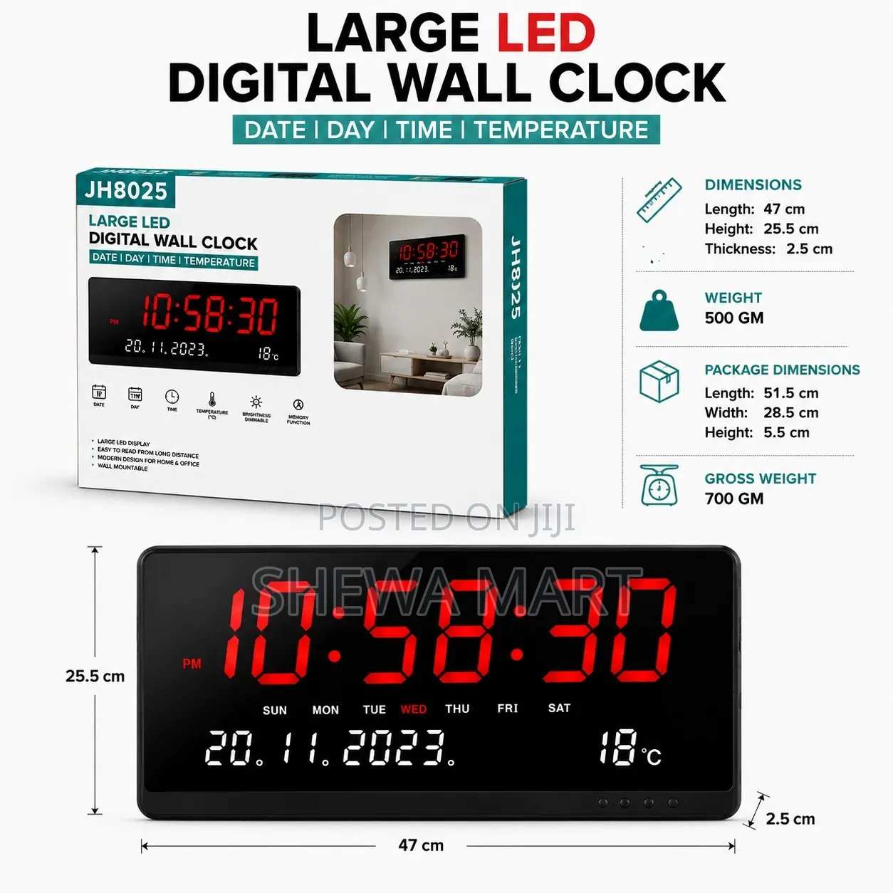Large LED Display Screen Digital Wall Clock With Voice Control - USB