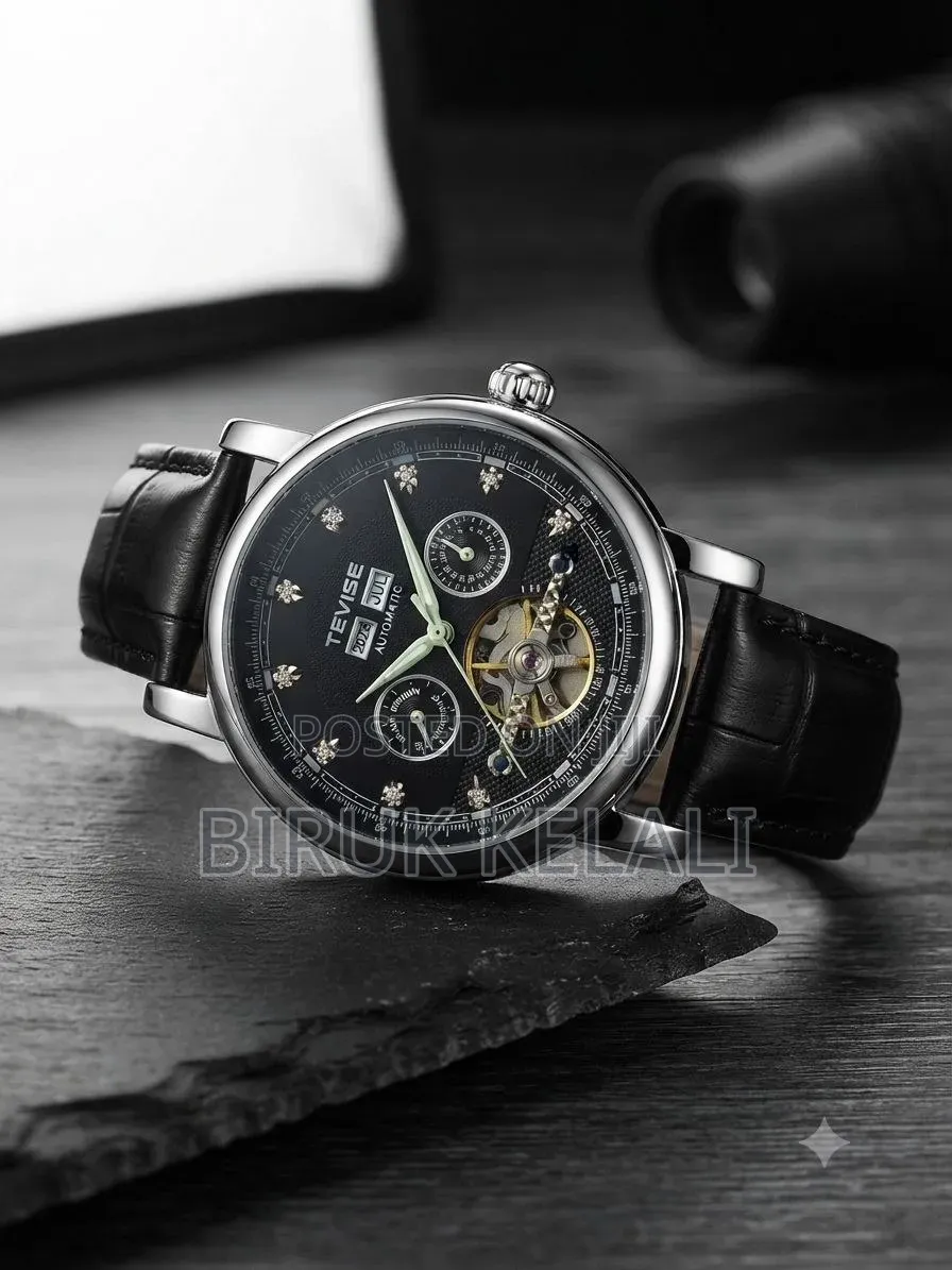 Tevise T867C Automatic Mechanical Watch Featuring a Black Leather