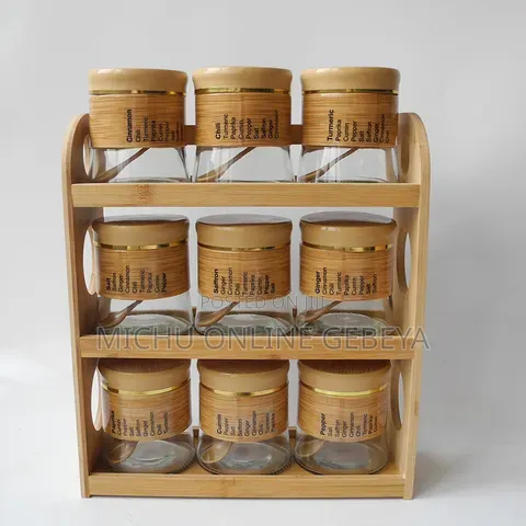 9Pcs Glass Storage Jar Set With Bamboo/ Free Delivery