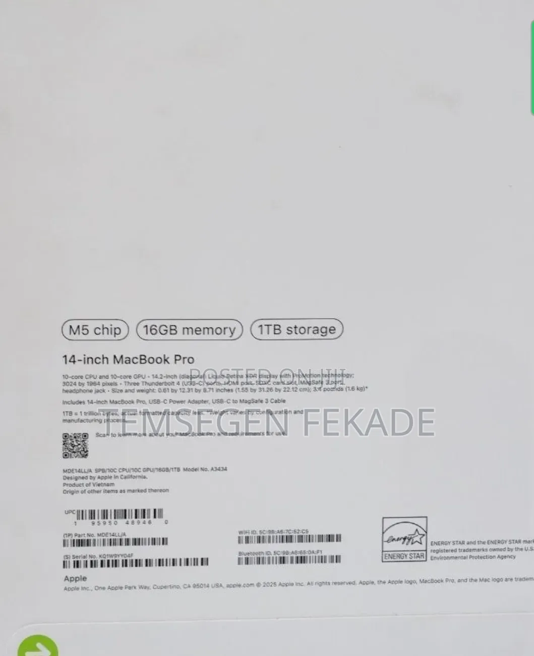 New Laptop Apple MacBook Pro 2025 M5 16GB Apple M5 SSD 512GB