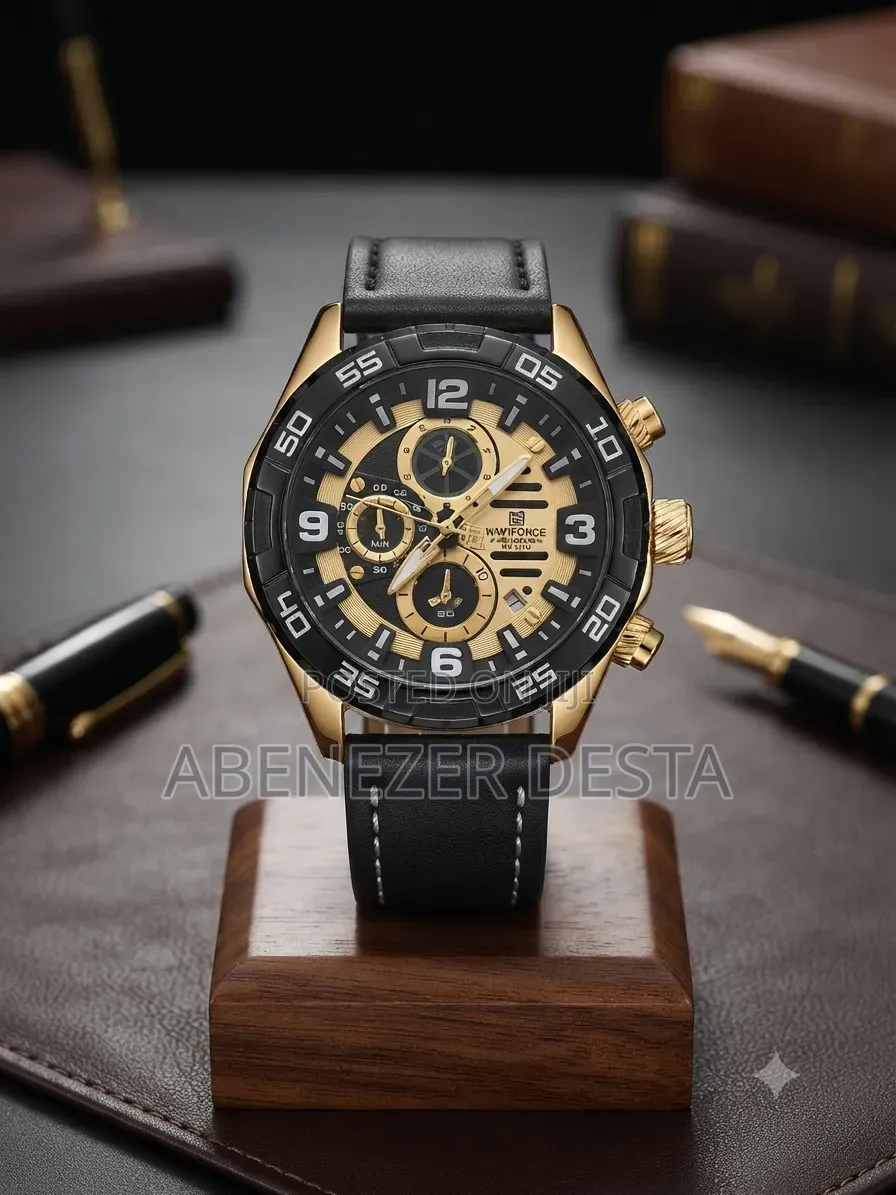 Naviforce Quartz Chronograph Wristwatch Gold-Tone and a Black Leather