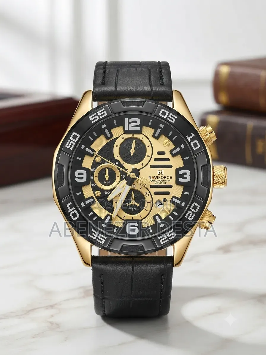Naviforce Quartz Chronograph Wristwatch Gold-Tone and a Black Leather