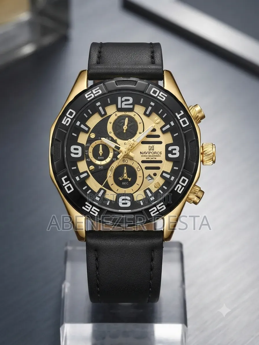Naviforce Quartz Chronograph Wristwatch Gold-Tone and a Black Leather