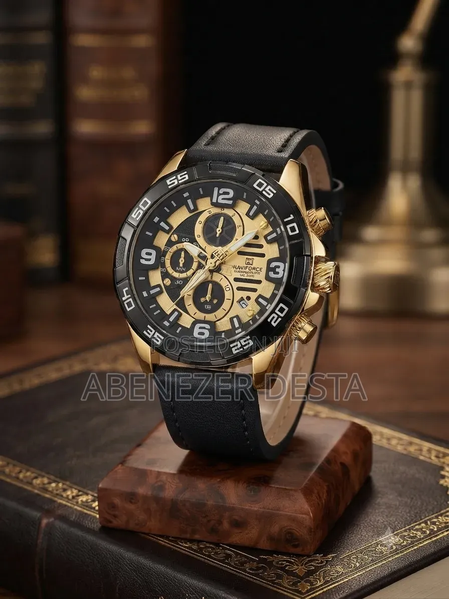 Naviforce Quartz Chronograph Wristwatch Gold-Tone and a Black Leather