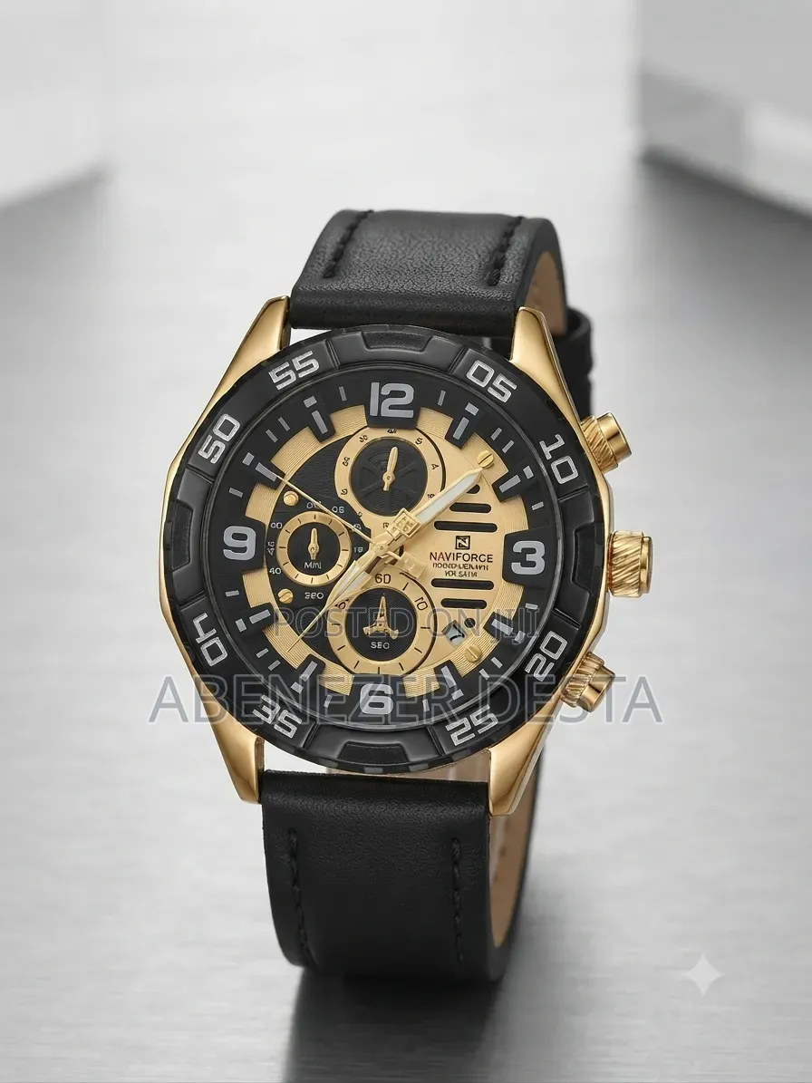 Naviforce Quartz Chronograph Wristwatch Gold-Tone and a Black Leather