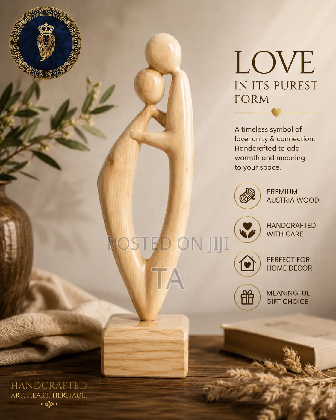 Love in Wood Handcrafted Austrian Wood Couple Sculpture