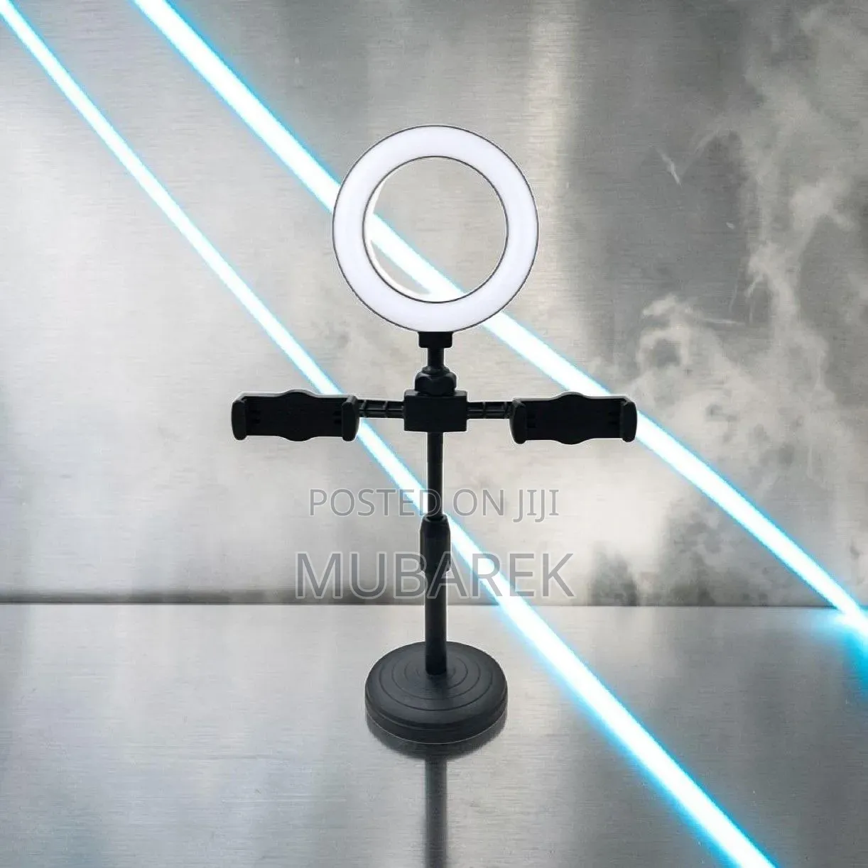 .Desk LED Ring Light Kit Dual Phone Holder Adjustable LiveStream Stand