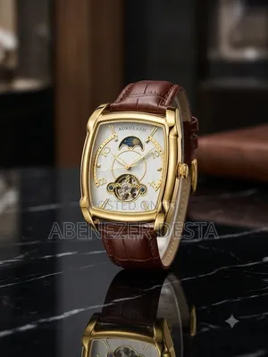 Aokulasic Men's Watch Features Distinct Gold-Toned Brown Leather Band