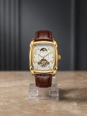 Aokulasic Men's Watch Features Distinct Gold-Toned Brown Leather Band