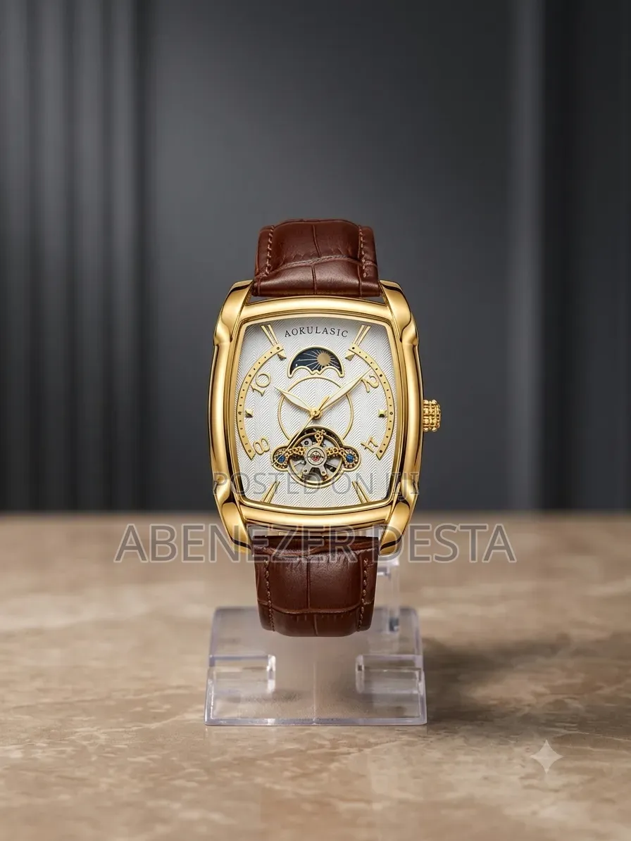 Aokulasic Men's Watch Features Distinct Gold-Toned Brown Leather Band