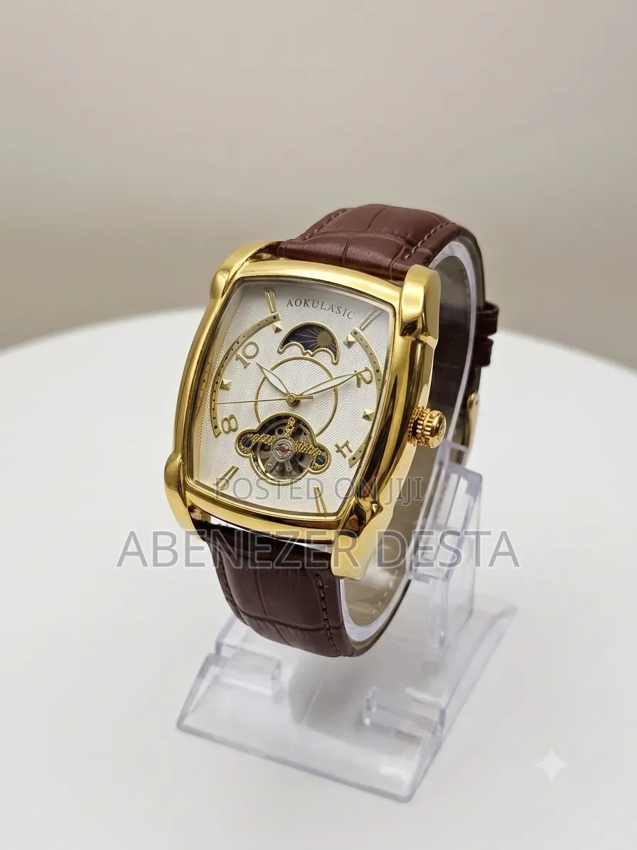 Aokulasic Men's Watch Features Distinct Gold-Toned Brown Leather Band