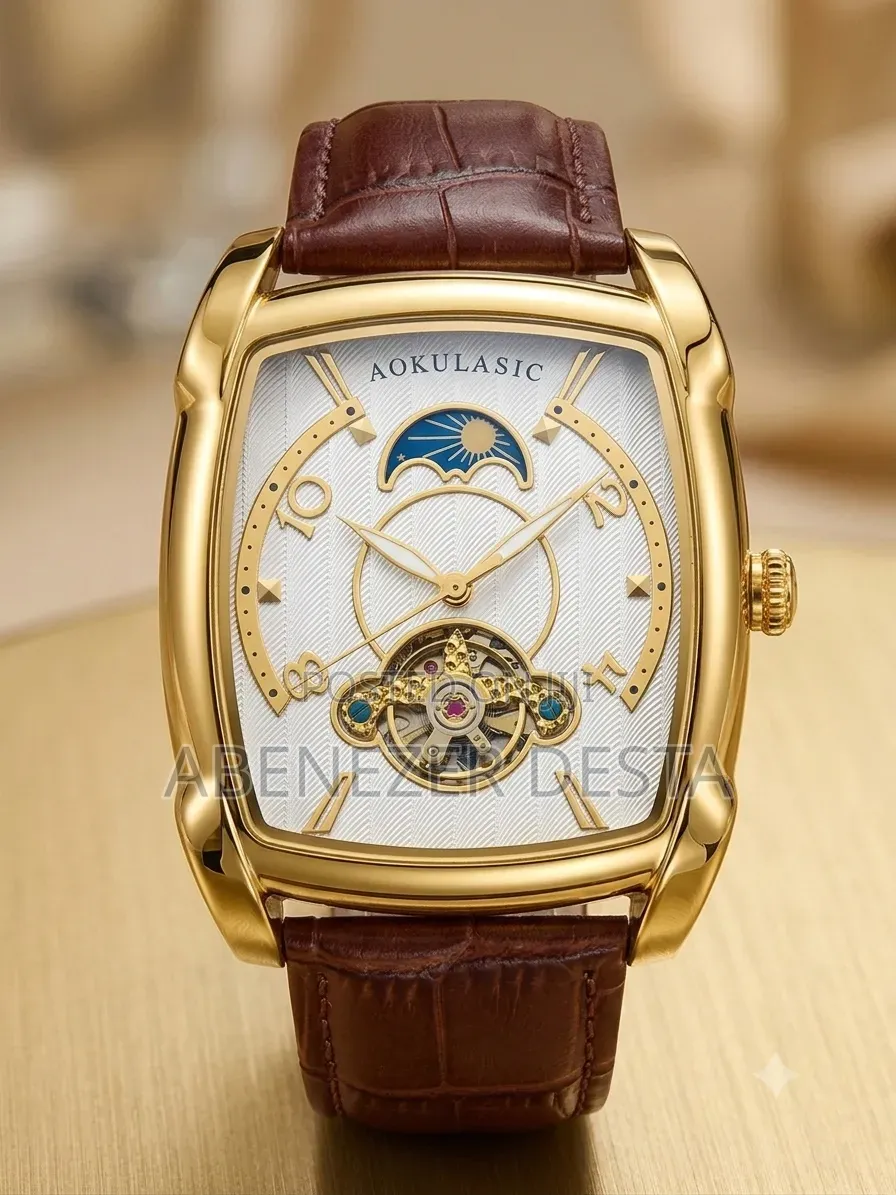 Aokulasic Men's Watch Features Distinct Gold-Toned Brown Leather Band