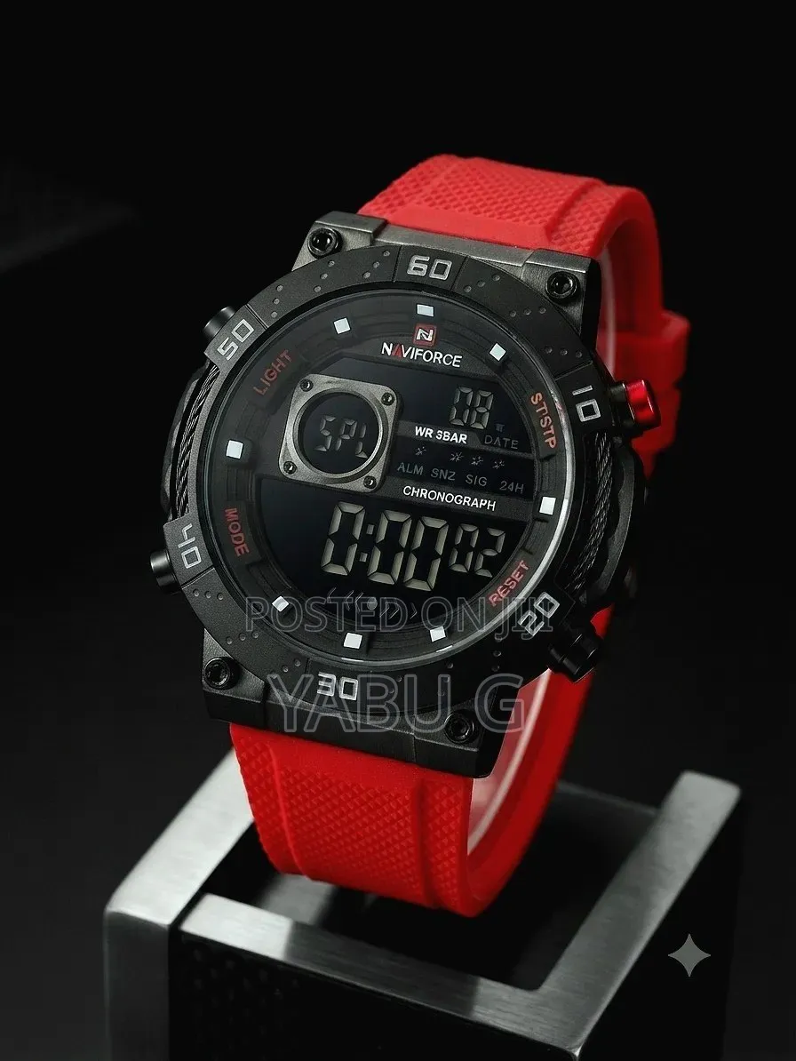 Naviforce Digital Sports Watch Featuring a Vibrant Red Silicone