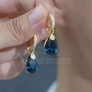 Square Blue Zircon Silver Color Long Tassel Stud Earrings for Women