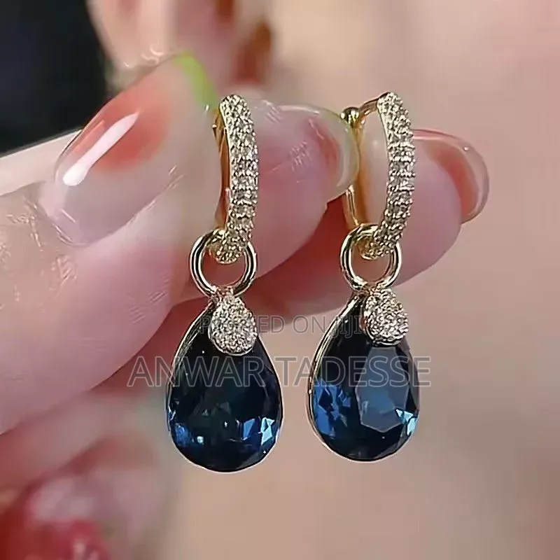 Square Blue Zircon Silver Color Long Tassel Stud Earrings for Women