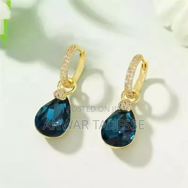 Square Blue Zircon Silver Color Long Tassel Stud Earrings for Women