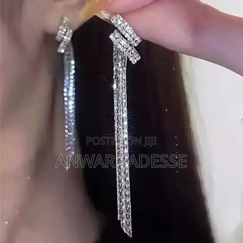 Square Blue Zircon Silver Color Long Tassel Stud Earrings for Women