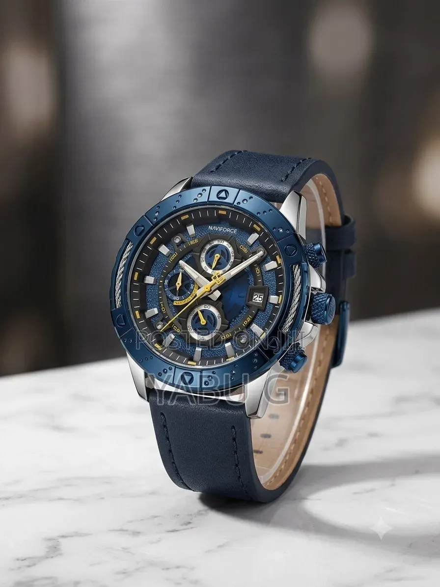 Naviforce Chronograph Wristwatch Featuring a Blue Dial and Blue Lether