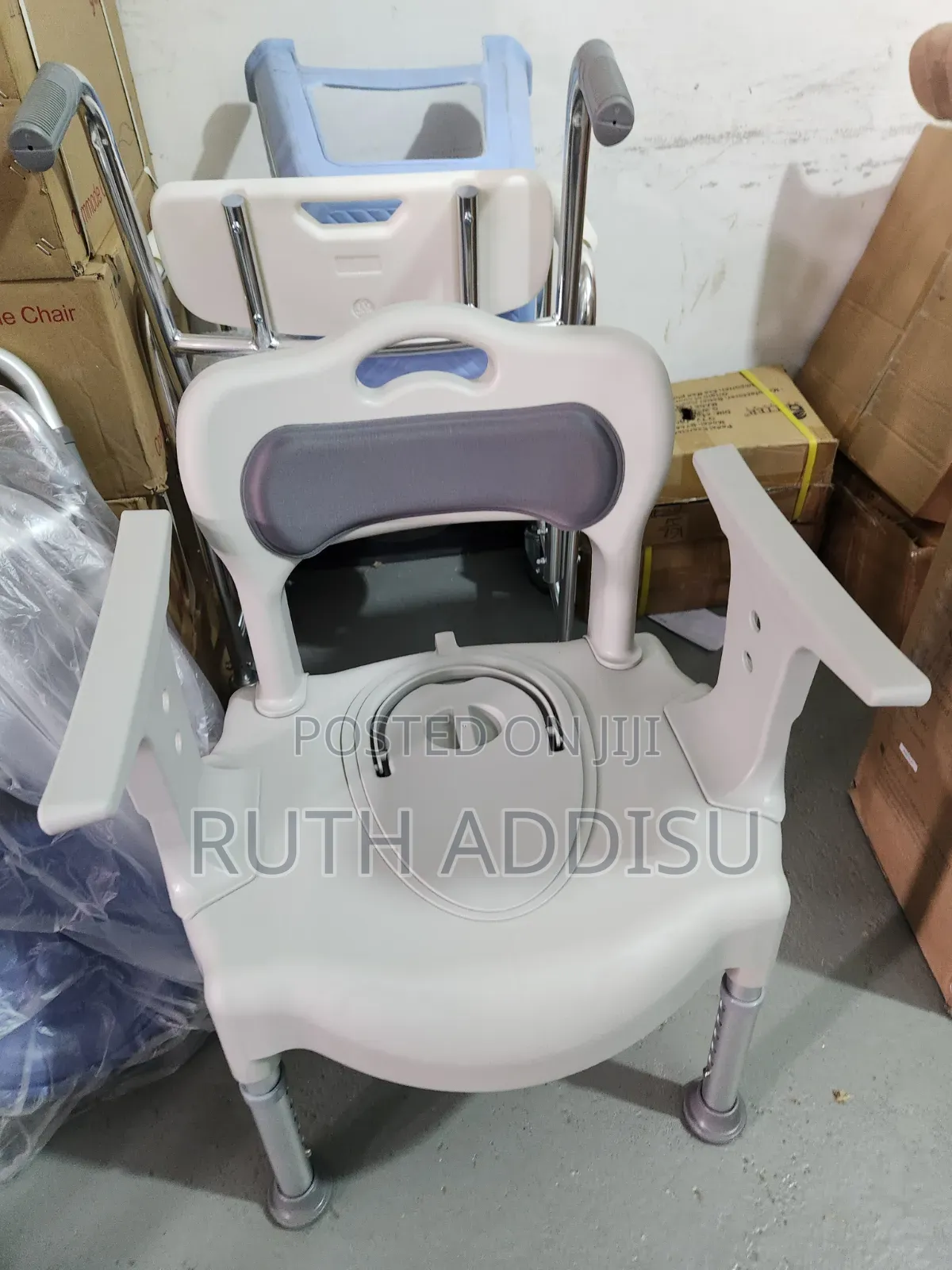 Stationary, Modular Shower and Commode Chair. It Features a Detachable