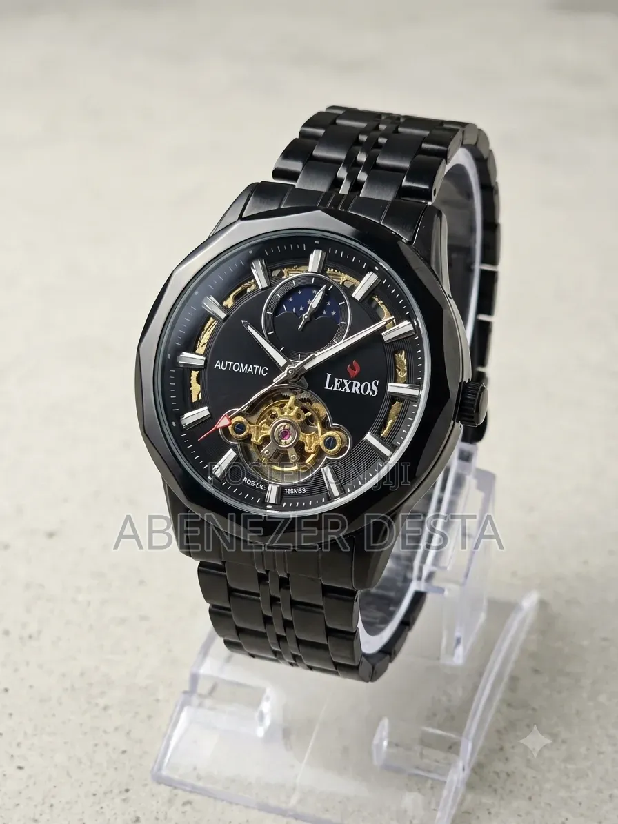 Lexros Men's Automatic Watch All-Black Design With a Skeleton