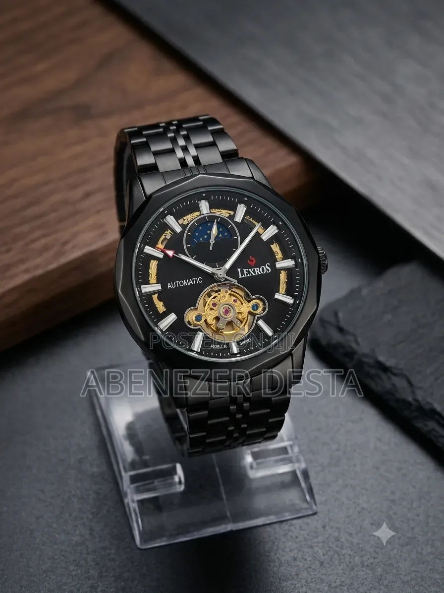 Lexros Men's Automatic Watch All-Black Design With a Skeleton