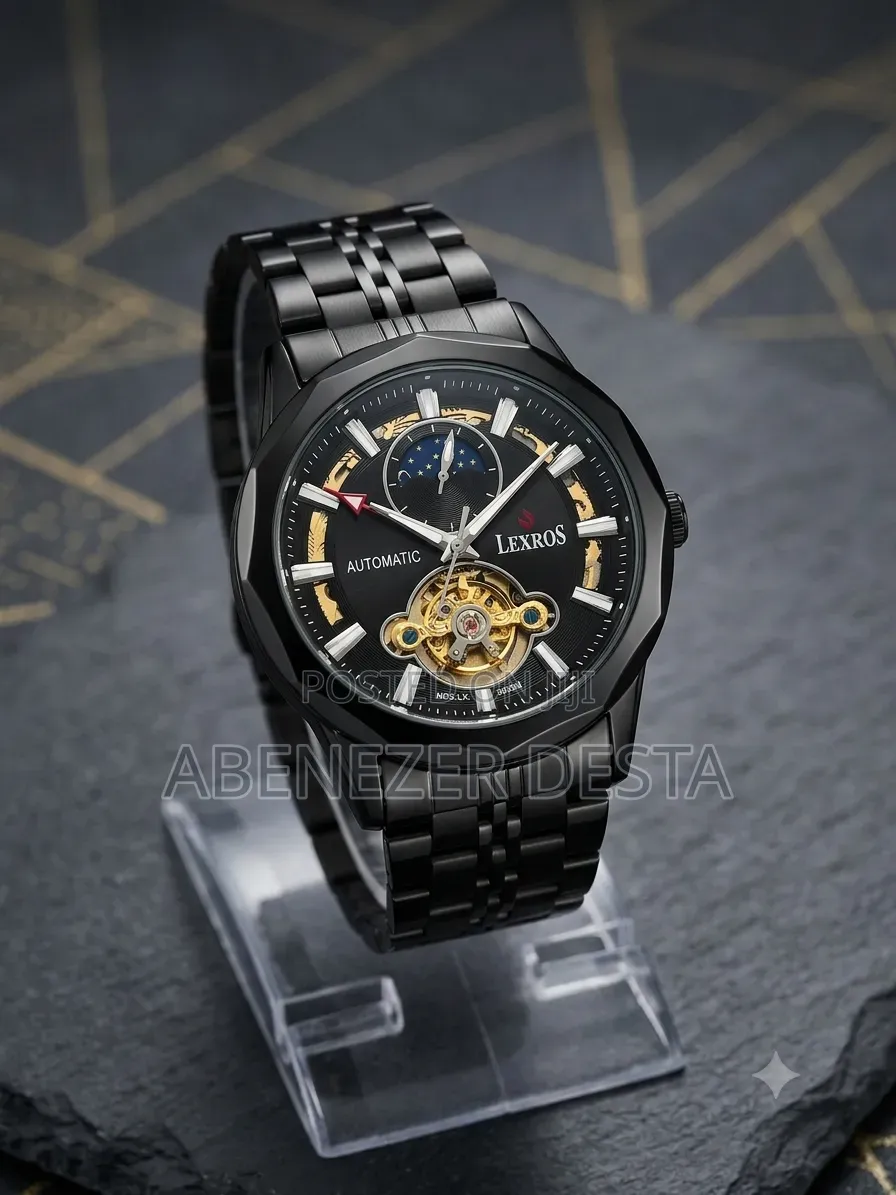 Lexros Men's Automatic Watch All-Black Design With a Skeleton