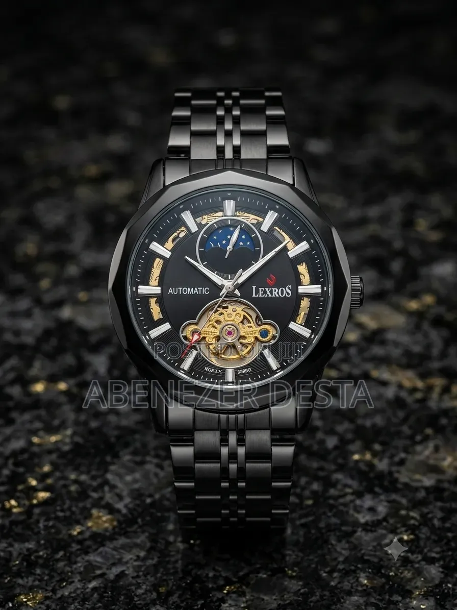 Lexros Men's Automatic Watch All-Black Design With a Skeleton