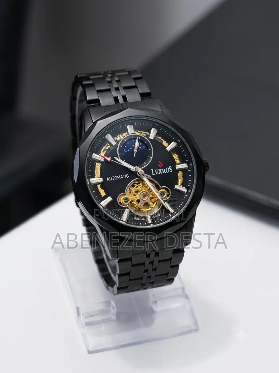 Lexros Men's Automatic Watch All-Black Design With a Skeleton