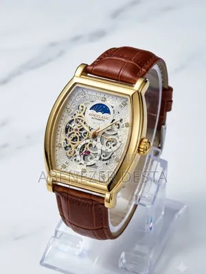Tonneau-Shaped Aokulasic Skeleton Automatic Watch Brown Leather Strap