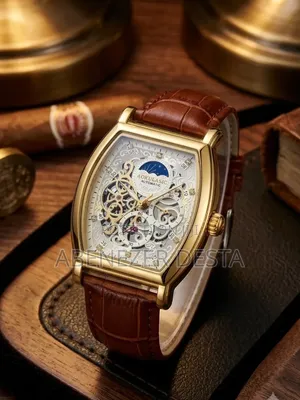 Tonneau-Shaped Aokulasic Skeleton Automatic Watch Brown Leather Strap