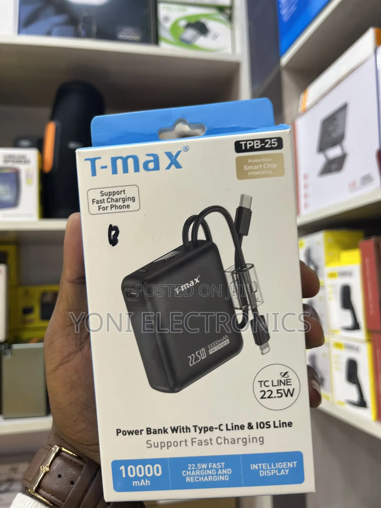 T-Max TPB-25 10000mAh Fast Charging Power Bank With Type-C iOS Cables