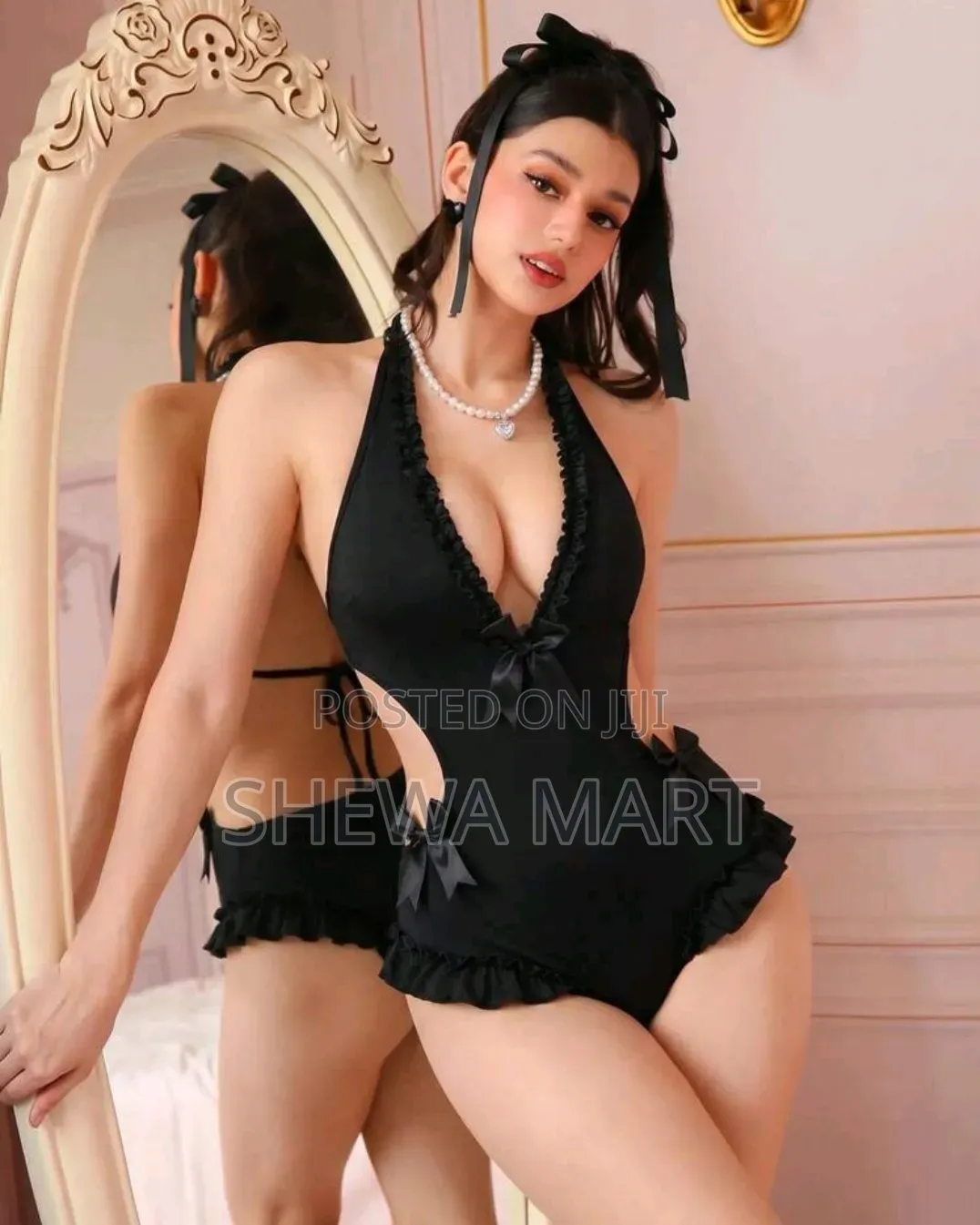 PetitDoll Women's Sweet Sexy Deep v Neck Ruffled Halter Tie Jumpsuit