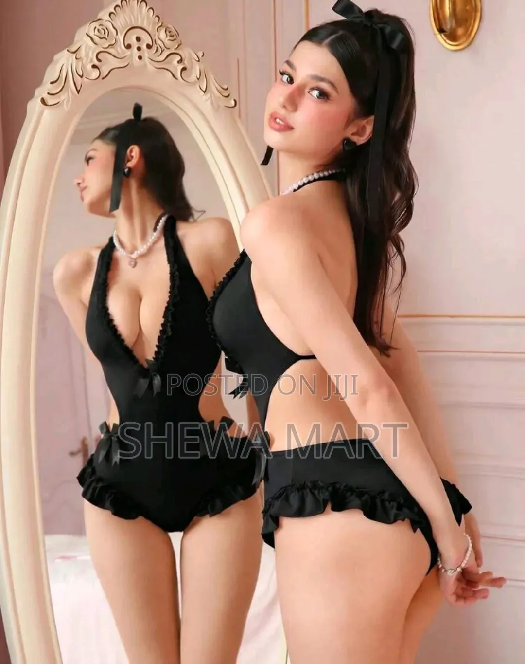PetitDoll Women's Sweet Sexy Deep v Neck Ruffled Halter Tie Jumpsuit