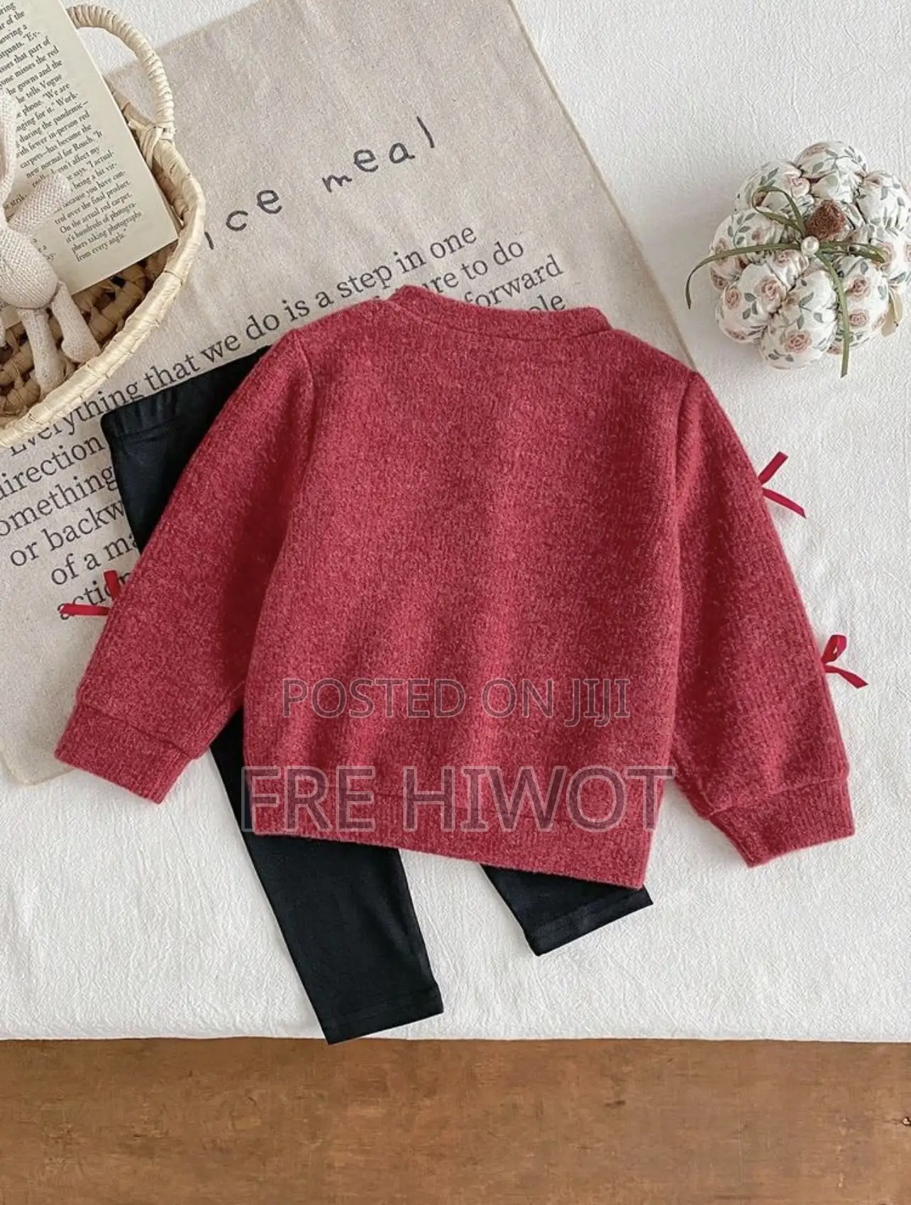 2pc BabyGirl Knitted Fuzzy Ribbed Bow Cardigan Jacket + Leggings Pants
