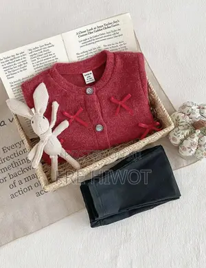 2pc BabyGirl Knitted Fuzzy Ribbed Bow Cardigan Jacket + Leggings Pants