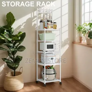 5-Tier Mobile Kitchen Microwave Rack With Wheels Hooks