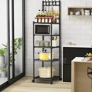 5-Tier Mobile Kitchen Microwave Rack With Wheels Hooks