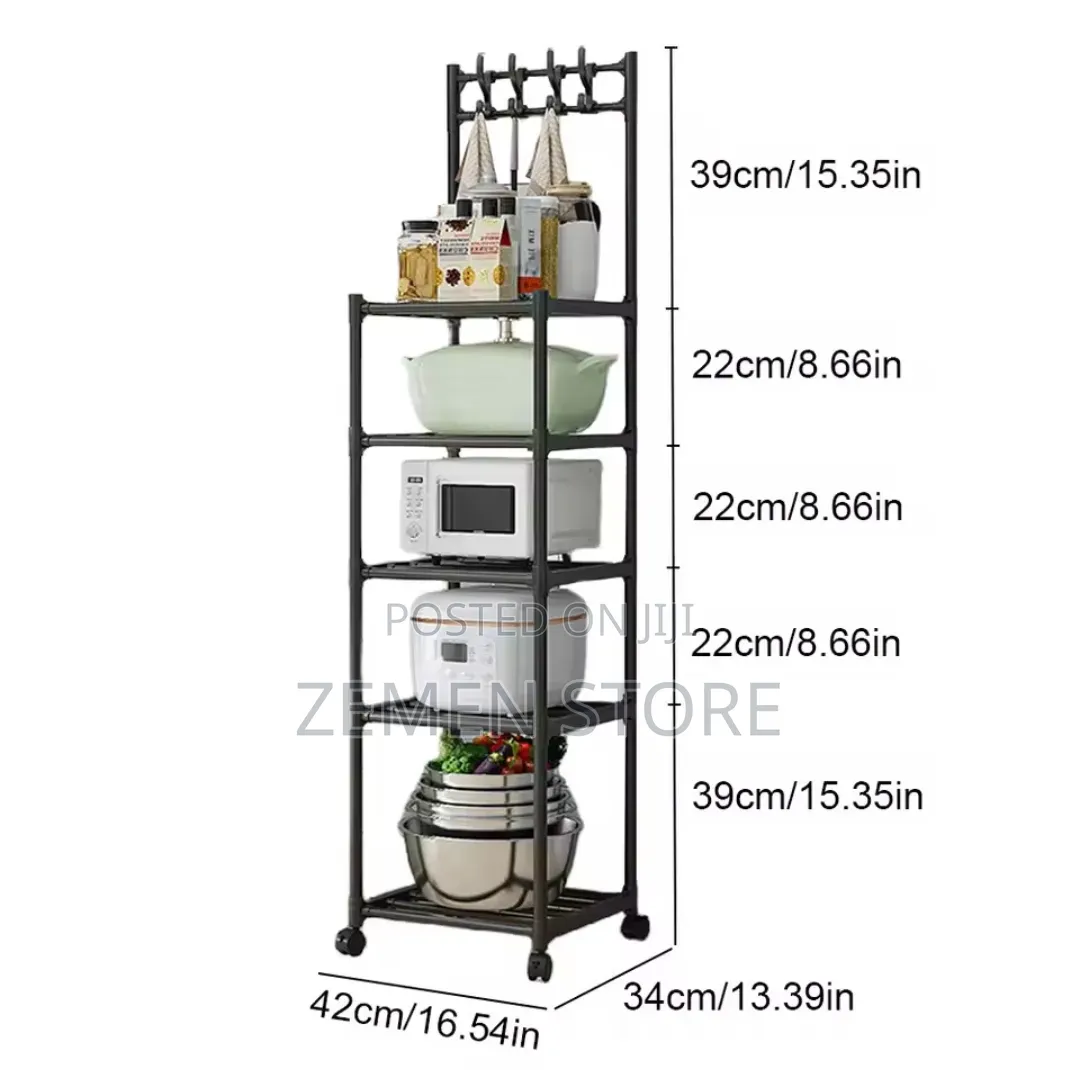 5-Tier Mobile Kitchen Microwave Rack With Wheels Hooks