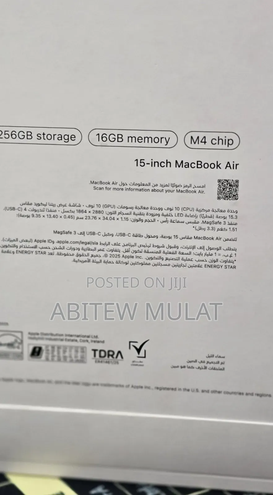 New Laptop Apple MacBook Air 2025 M4 16GB Apple M4 SSD 256GB