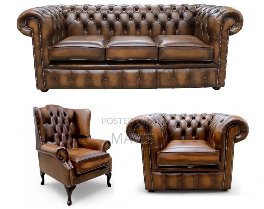 Chesterfield Leather 3 Seater + Mallory Wing Chair + Club Chair Sofa