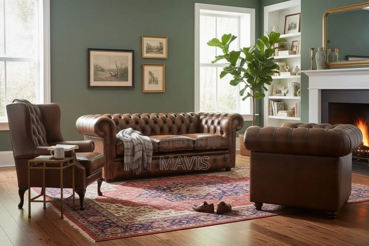 Chesterfield Leather 3 Seater + Mallory Wing Chair + Club Chair Sofa