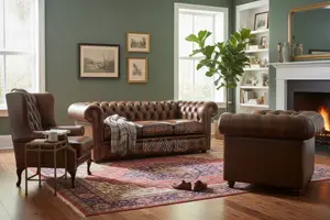 Chesterfield Leather 3 Seater + Mallory Wing Chair + Club Chair Sofa